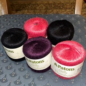 Patons Silk Bamboo Yarn Set - Black, Pink, Purple
5 Skeins